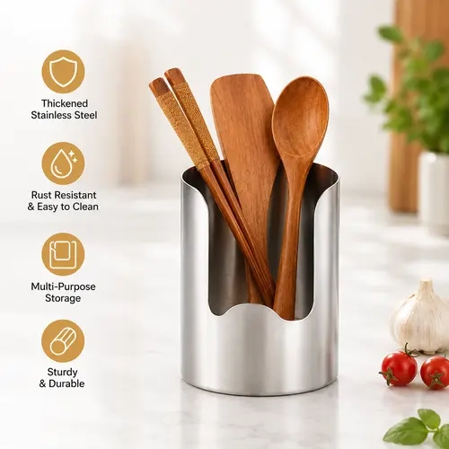 1 Count Stainless Steel Utensil Holder, Rust-Resistant Kitchen Organizer for Spatulas, Spoons and Chopsticks, Multi-Purpose Storage Cylinder for Countertop