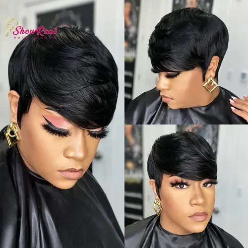 ShowRealHair 0517 Short Pixie Cut Human Hair Wigs Quick Wave Machine Made Layered Bangs Natural Black Real Hair Wig For Daily & Party