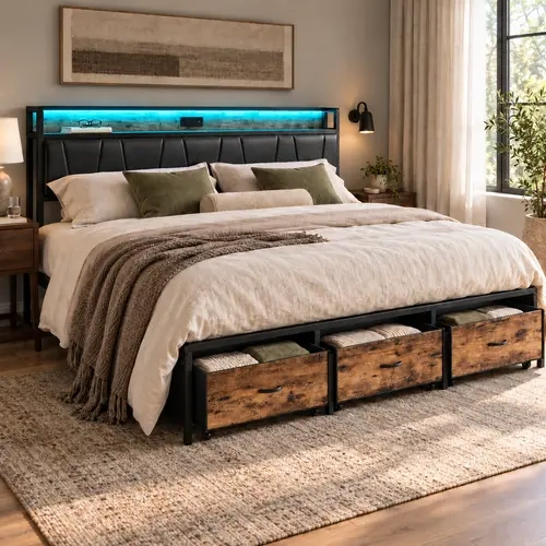 LIKIMIO Bed Frame with Rolling Under-Bed Storage Drawers, Charging Station & RGB LED Lights, PU Leather Upholstered Platform Bed with Storage Shelf Headboard, No Box Spring Needed, Twin/Full/Queen/King