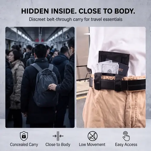 Hidden Travel Belt Wallet for Men & Women, Slim Belt-Through Passport Holder and Money Pouch, Discreet Under-Clothes Waist Storage for Cash, Cards, ID & Phone, Airport Trips, Vacation and Daily Travel
