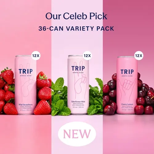 TRIP Our Celeb Pick Sparkling Magnesium Drink | 36 pk — Wild Strawberry + Cherry Lemon + Elderflower Mint —  120mg Magnesium, Lion's Mane, Chamomile & Lemon Balm, Non-Alcoholic, No Added Sugar, Vegan (36-Pack, 36 oz)