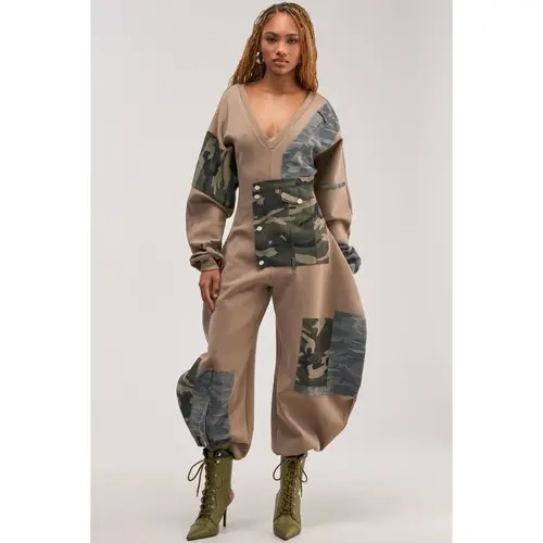 COMFY COZY PATCHWORK JUMPSUIT IN CAMO