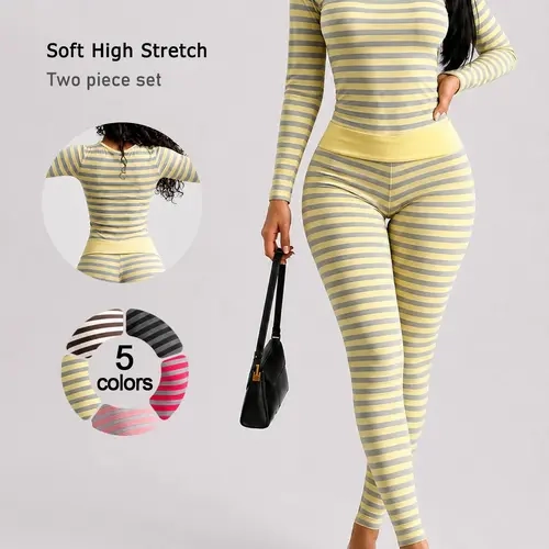 Women’s 2 Piece Workout Set, Striped Crew Neck Long Sleeve Top and High Waist Pants, Soft Stretch Cooling Breathable Yoga Outfit, Tummy Control Butt Lifting Gym Set for Running Cycling Travel, Yoga Active Wear