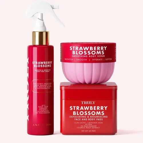 Strawberry Blossoms Exfoliating Complete Collection - 3-Step Skin Cycling Routine to Smooth Away Rough Skin, Dark Spots, Discoloration, Hyperpigmentation & KP for Clear, Radiant Skin