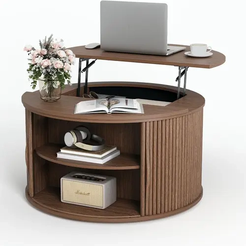 SULIVES  31.5" Round Coffee Table, Lift Top Coffee Table with Storage, Farmhouse Fluted Center Table Circle Dining Table for Living Room, Reception Room, Home Office