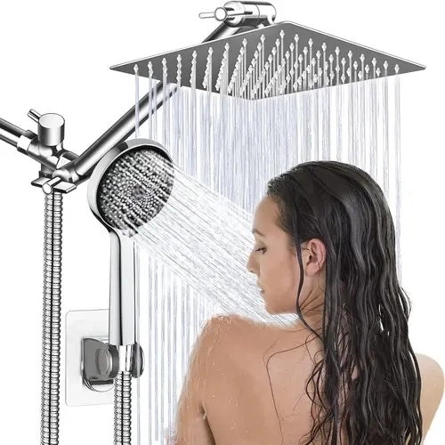 Chrome Finish High Pressure Rain Shower Head Complete Kit - 8/10/12in Rain Shower Head with Handheld Spray, 11in Angle-Adjustable Arm, Flow Regulator for Indoor Bath Household Bathroom Fixtures