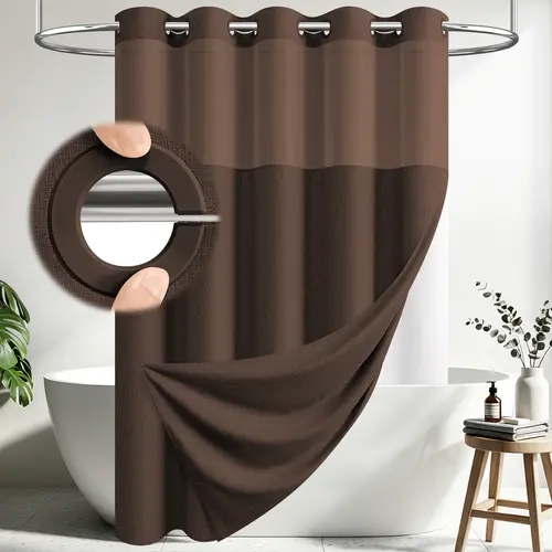 DYNAMENE Hookless Minimalist Bathroom Shower Curtain Set - 2-Layer Faux-Linen Polyester, Snap-In Machine Washable Moisture Resistant Liner, Mesh Window, Weighted Magnets for Home, RV Use (Magnetic Transparent, Multi-Barrier Set), Bathroom Shower Curtains,