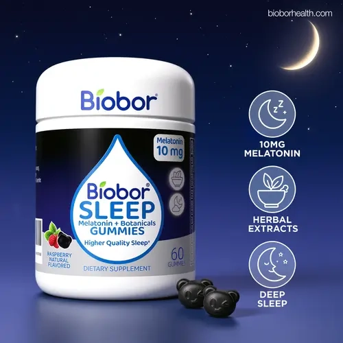 Biobor Extra Strength Sleep Gummies - 10mg Melatonin & L-Theanine for Relaxation & Stress Relief, Non-Habit Forming Raspberry, 60 Count