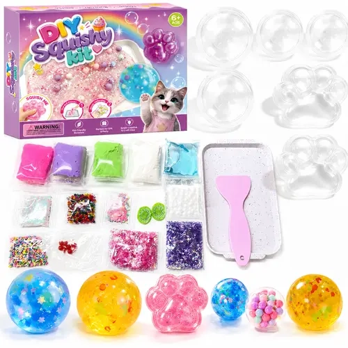 DIY Squishy Ball Making Kit for Kids Ages 6+, Make Your Own Squishies with Slime, Round and Paw Molds, Glitter, Beads and Mixing Tools, Creative Craft Set Diy Squishy Making Kits Cute Squishies Squishy Soft Squishy Box Set