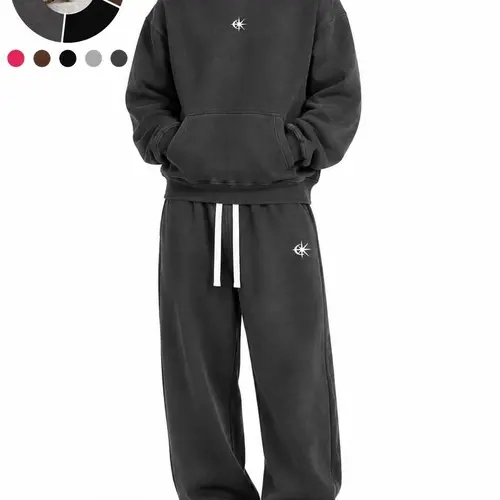 Men's 2-Piece Cotton Blend Vintage Washed Hooded Tracksuit - Minimalist Hoodies Streetwear Set, Long-Sleeve Pullover Jacket, Wide Drawstring Pants, Minimal Logo Print, for Basketball, Daily Wear (Men's 2 Piece Sets)