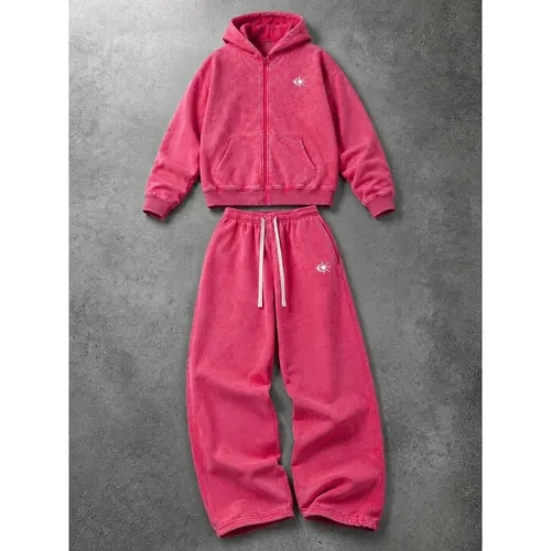 Men's 2-Piece Vintage Washed Tracksuit - Zip-Up Hoodie with Small Chest Print, Loose Wide-Leg Elastic Waist Drawstring Men's Sweatpants, Multi-Color Casual Street Loungewear Outfit, Men's Hoodies