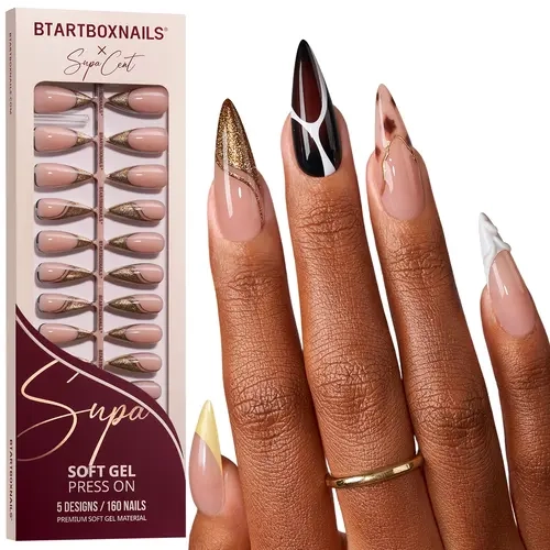 BTArtboxnails x Supa Nails Press-On Nail Sets - Square Almond, Stiletto Shapes, 5 Styles, 32 Pieces Per Pack, Art Decoration Accessory