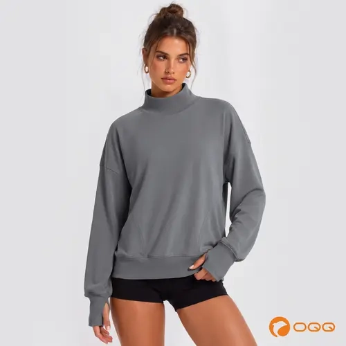 OQQ Women’s Mock Neck Sweatshirt - Double-Sided Brushed Relaxed Fit Top with Thumb Holes, Front Pockets, Lightweight Sporty Comfort - Fall Casual Layer for Leggings, Joggers Pairing