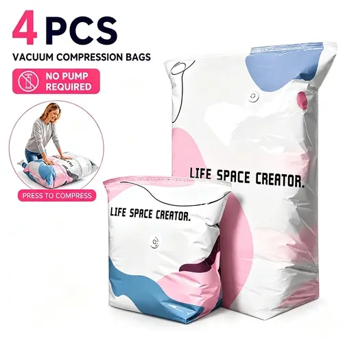 Hand-Operated Plastic Vacuum Compression Storage Pouches 4-Pack (2L, 2XL) - Reusable, No Pump Required Household Organizers for Bedding Sets, Comforters, Closet Clothes