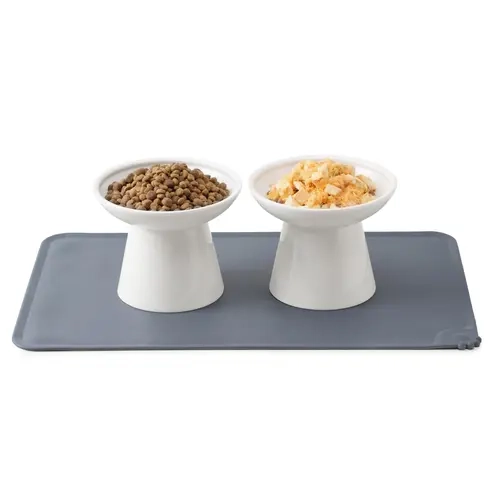 Ceramic Bowl 2-Pack for Cats & Small Dogs, 10 oz Each, 5" Elevated 6.2" Wide Shallow Dishes, Non-Slip Silicone Mat Included, Easy Clean, White & Green