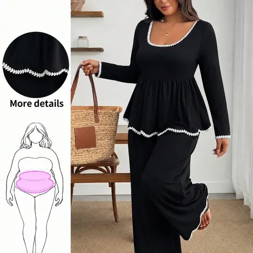 Plus-Size Women's Two-Piece Set, Elegant Ruffle Top with Lace-Trim Sleeves, Loose Pants, Figure-Flattering Fit for Fall