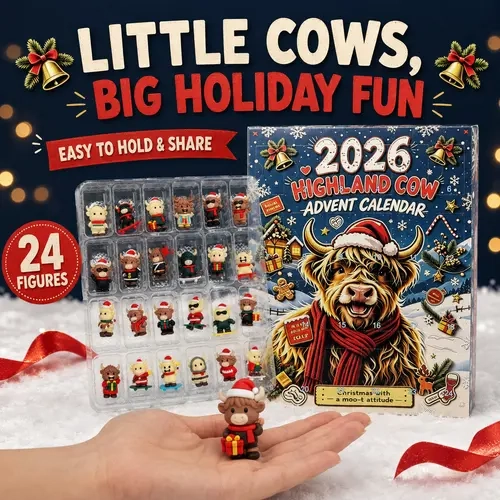 2026 Highland Cow Advent Calendar, 24-Day Christmas Countdown with 24 Mini Cow Figures, Indoor Leisure Activity, Collectible Holiday Surprise Set, Christmas Gifting & Sharing Fun