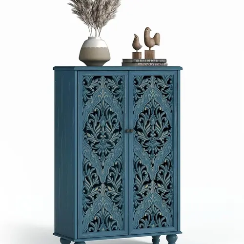 47" Boho French Country Freestanding Tall Storage Cabinet - Navy Blue, Carved Flower Hollow Mandala Accent Credenza, Pine Wood Legs, 100lbs Capacity, Farmhouse Home Decor for Entryway, Living Room Coffee Bar Organizer