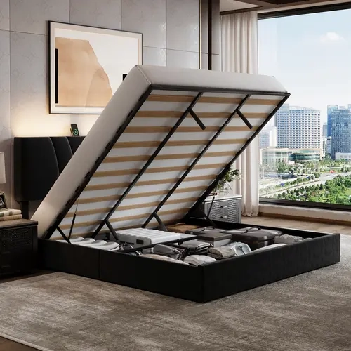 Novilla Upholstered Lift-Up Storage Bed Frame - Queen/Full/King Size, Hydraulic Lift, 3-Level Adjustable Headboard, Charging Station with USB Port, LED Light, No Box Spring Needed, Bed with Storage Underneath, Queen Bed Frame,Fall Deals For You