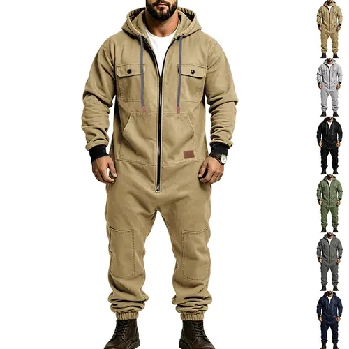 Men’s Hooded Cargo Jumpsuit for Men, Multi-Pocket Zip Front Workwear Coveralls, Relaxed Fit Long Sleeve Utility One Piece Outfit, Outdoor Work Hiking Camping Travel Streetwear Casual Overall with Elastic Cuffs and Drawstring Hood
