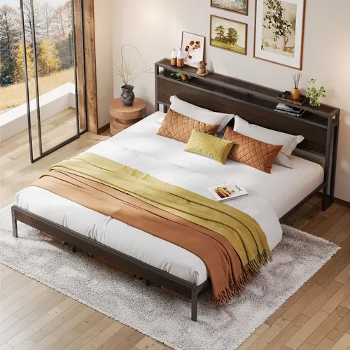 LIKIMIO Modern Wooden Bed Frame with 2-Tier Storage Shelf Headboard Platform Bed with Strong Metal Supports, Sturdy, Noise-Free, No Box Spring Needed