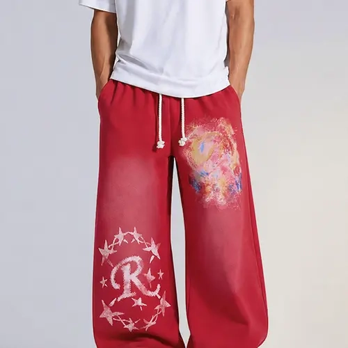 TELLFUN Men's Oversize Mid-Waist Cotton Blend Baggy Sweatpants, Graphic Print Streetwear Menswear, Loose-Fit Drawstring Y2K Hip Hop Casual Trousers