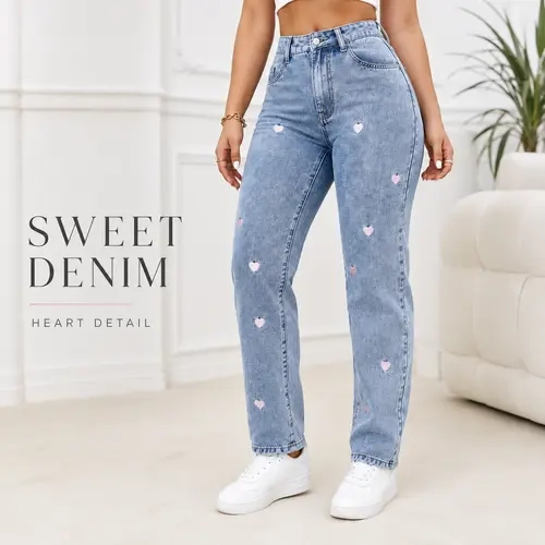Women's High-Waisted Heart Embroidery Straight Leg Jeans - Light Blue Denim with Pink Heart Details, Y2K Sweet Girl Crop Compatible Streetwear Bottoms for Casual Travel, Pair with Sweaters/Jackets