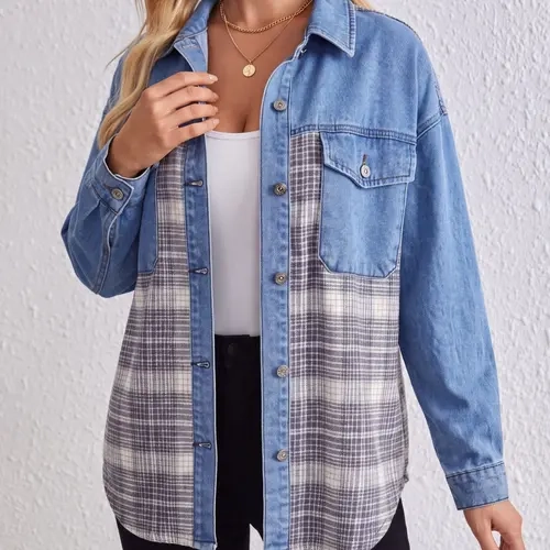 Women's Oversized Light-Wash Denim Shacket with Plaid Patchwork for Casual Layering Jackets