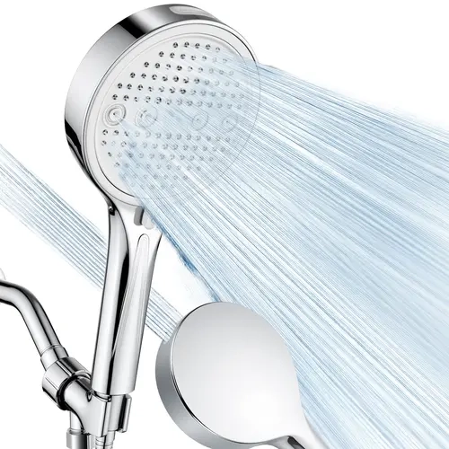HOLFW Round Head Handheld Shower Head - Adjustable Spray, High Output, 6 Modes, High Pressure for Low Flow, Anti-Clog Silicone Nozzles, 1/2" NPT Universal Connection, Easy-Install Water-Saving Indoor Bath Water Control Bathroom Fixture