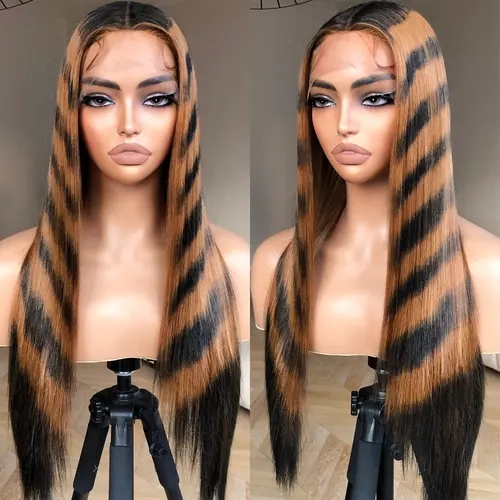 BrownBomb Raccoon Tail 26 Inch Dyed Straight Synthetic Wig – Stripe Blend, Y2K Retro Street Style, Upgraded Breathable Cap, Pre-Plucked with Baby Hair, Glueless & Ready to Wear,sohochic