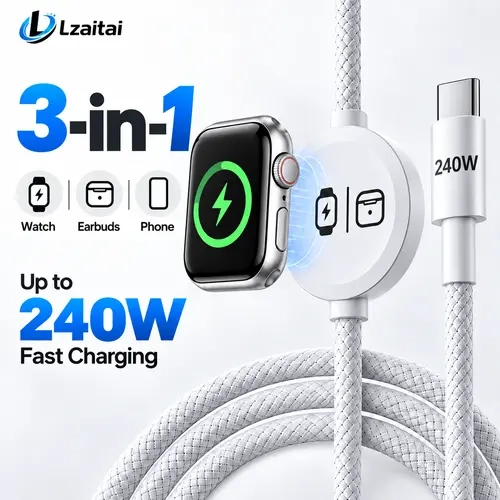 240W 3-in-1 Braided Wire USB-C Charging Cable - 5FT Magnetic Charging Solution, Type-C Plug, Compatible with Watch + Phones, iPads, MacBooks, Wireless Earbuds techvibes