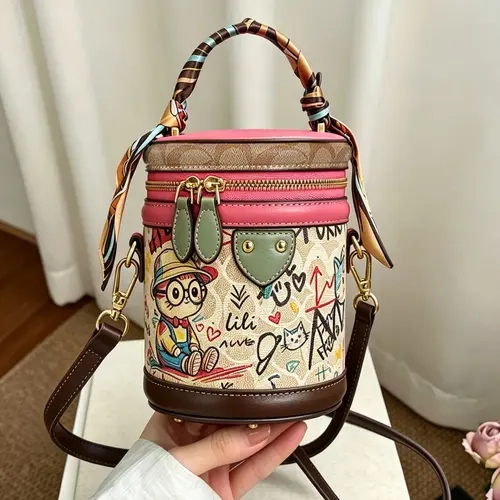 Trendy Colorblock Graffiti Bucket Bag, Casual PU Leather Handbag, High-End Crossbody Shoulder Bag, Perfect Gift for Holidays