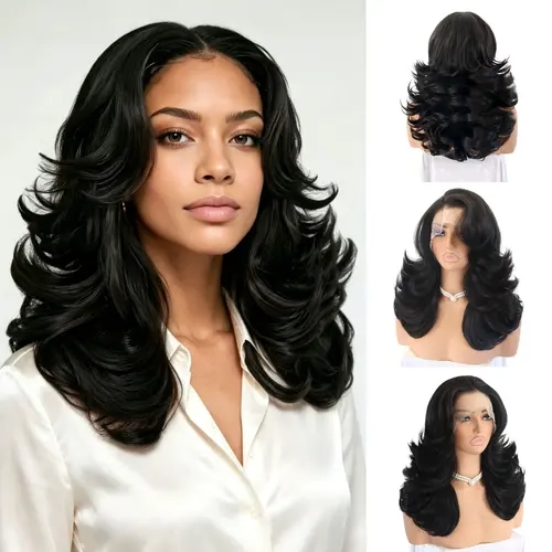13X4 Lace Front Synthetic Wig for Black Women,Natural Black Color,Pre‑Plucked Natural Hairline,250% Density Dramatic Peacock Layers Detroit‑Style Fluffy Bouncy Wig, Black Woman Wigs
