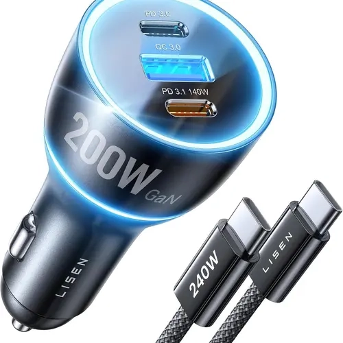 LISEN 200W Car Charger USB C Fast Charge [GaN] PD 140W Fast Car Charger USB C, Cigarette Lighter Adapter for Multi Device, for iPhone 17 16 15 14 13 12,MacBook Pro, Laptop, iPad, Samsung toolupgrade techvibes