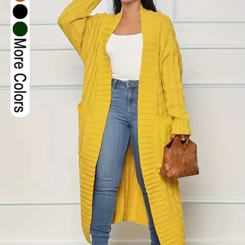 Elegant Twisted Knit Drop Shoulder Cardigan, Long Sleeve Loose-Fitting, Everyday Casual Style with Pockets, Women's Fashion Outerwear