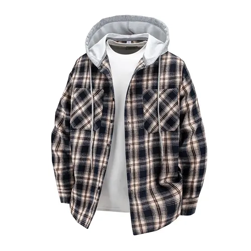 Unisex Plaid Hooded Long Sleeve Shirt, Men’s Shirt Jacket with Double Chest Pockets, Casual Men’s Top for Fall Daily Outfits, 100% New Polyester Flannel Style Shirt with Double Chest Pockets#sohochic