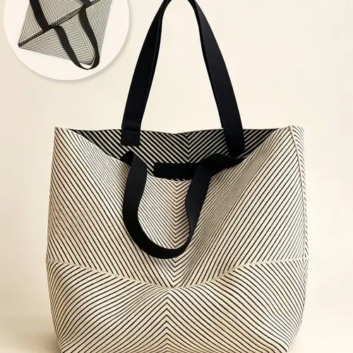 High-End Striped Large Capacity Foldable Knit Tote Bag, Casual Sports Bag for All Seasons, Perfect for Work, School, Shopping, and Daily Use