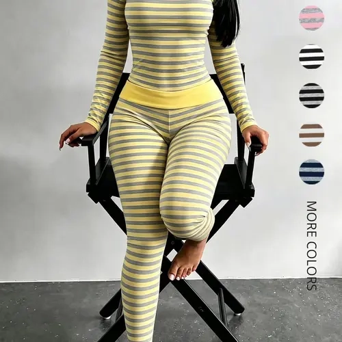 Women's Slim-Fit Striped Pajama Set Loungewear, Casual Long Sleeve Sleepwear, Folded Waist Pants, All Seasons Comfortable Home
