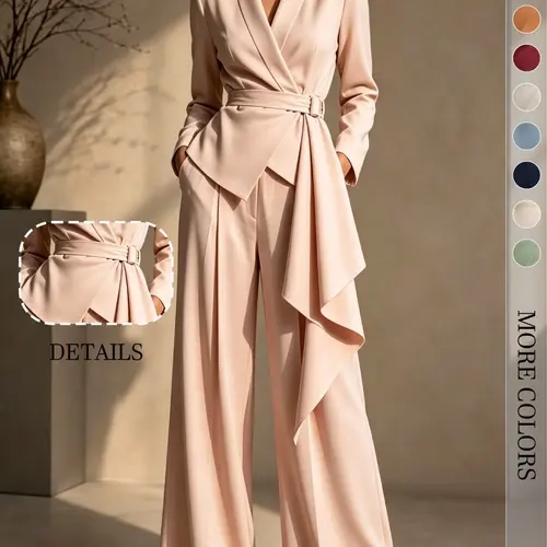 Elegant Women's Fall & Winter Long Sleeve V-Neck Belted Waist Set, Casual Business Party Wear, Youthful Retro Style