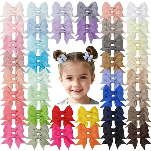 Girls' 80-Pc Nylon Alloy Alligator Clip Hair Barrettes - 40-Color 1.77In Bow Grosgrain Ribbon, Handmade Secure Grip Soft Frayless Hair Accessories for Toddler Kids' Daily, Party Gifts