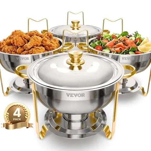 【Auction】【Opantalk Only】VEVOR Full-Size Gold Stainless Steel Chafing Dish Warmer Buffet Set, 4-Pack 5 Qt Stainless Steel Casserole Dishes Trays Set with Temperature Control, Ideal for Parties/Events