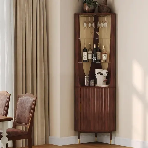 SULIVES 70 In Tall 4-Leg Mid-Century Walnut Wood Corner Liquor Cabinet, Upright Walnut Finish Wood Grain Home Bar Furniture, Bar Decor, Indoor With Storage Cupboard
