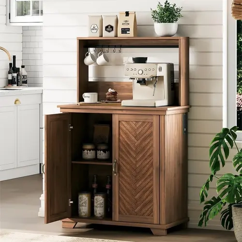SULIVES Rustic Look Walnut Wood Coffee Bar Station, Bar-Type Kitchen Furniture with Storage Space, Rectangular Herringbone Design & Built-In Charging Port for Home Use