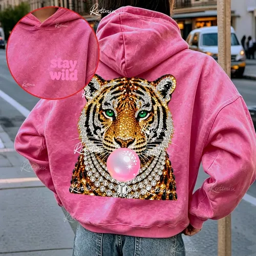 Women's Vintage Washed Thick Cotton Hoodie - Retro Oversized Fit, Rhinestone Tiger "Bubblegum" Glam Graphic Print, Cute Tops Style, Spring Fall Casual Sweatshirts for Women's Clothes Pairing with Jeans