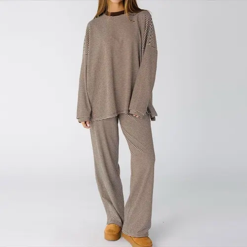 Women Striped 2‑Piece Loungewear Set, Loose Drop Shoulder Long Sleeve Crew Neck Top & Wide Leg Flare Pants Suit, Soft Casual Outfit For Autumn Winter Home Sleepwear Daily Street Vacation