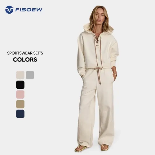 Fisoew Women's Knit Basic 2-Piece Casual Hooded Sweatsuit - Polyester Comfortable Fleece-Lined Long Sleeve Pullover Hoodie with Pockets, Loose Wide Leg Matching Pants, Lounge Outfits for Travel, Airport 2026