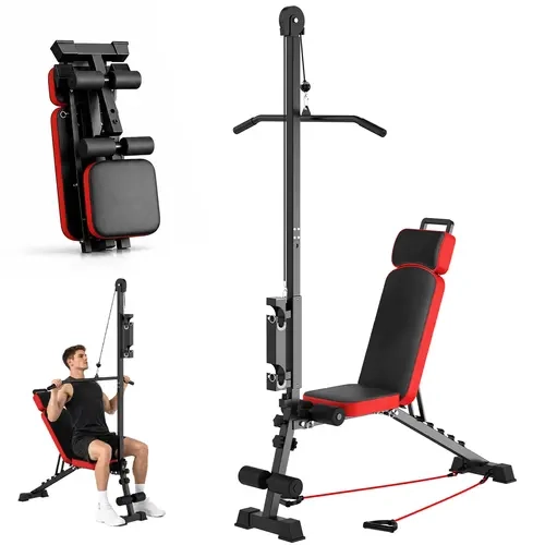 DlandHome 12-in-1 Multi-Functional Weight Bench with Pulley System, Flat/Incline/Upright Adjustable Backrest, Removable Cables & Rope Pull Exercise Station, Space-Saving Fitness Bench