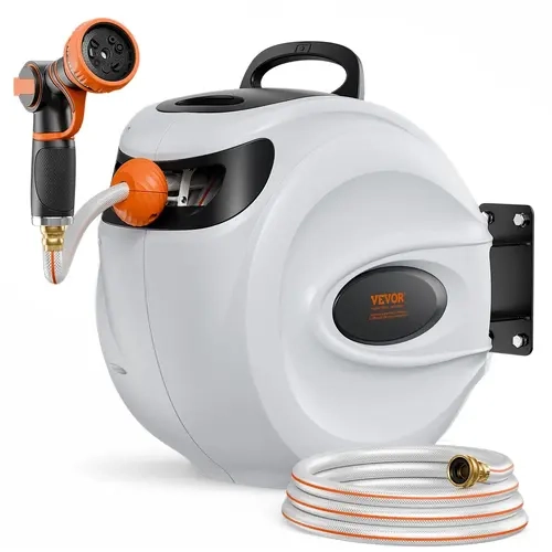 【Auction】VEVOR Retractable Hose Reel, 130 ft x 1/2 inch, 180° Swivel Bracket Wall-Mounted, Garden Water Hose Reel with 9-Pattern Nozzle, Automatic Rewind, Lock at Any Length, and Slow Return System