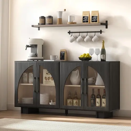 SULIVES 63" Rectangular Black Wood Finish Sideboard Buffet Cabinet - Sturdy Base Credenza with Storage Space, Modern Home Decor Furniture for Dining Room, Living Room