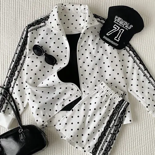 Women's Polka Dot Set, Zipper Jacket + Shorts, Lace Trim Long Sleeve, Loose Fit Casual Daily Wear, Street Style, Matching Outfit Set